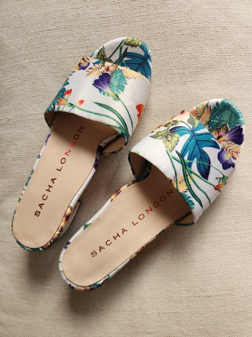 NWOT Sacha London Satin & Leather Tropical Print Mules - Sz 6 1/2